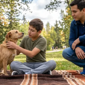 Joven con su perro en el parque con un supervisor