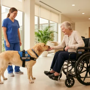 Adulto mayor en silla de ruedas con perro en hospital