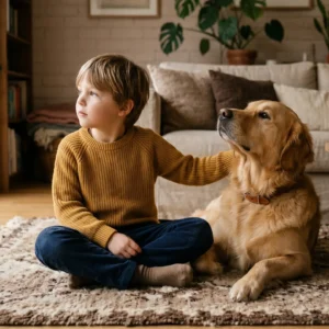Niño con perro sentado en el piso de la sala