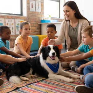 Profesora con niños y un perro en el aula de clases