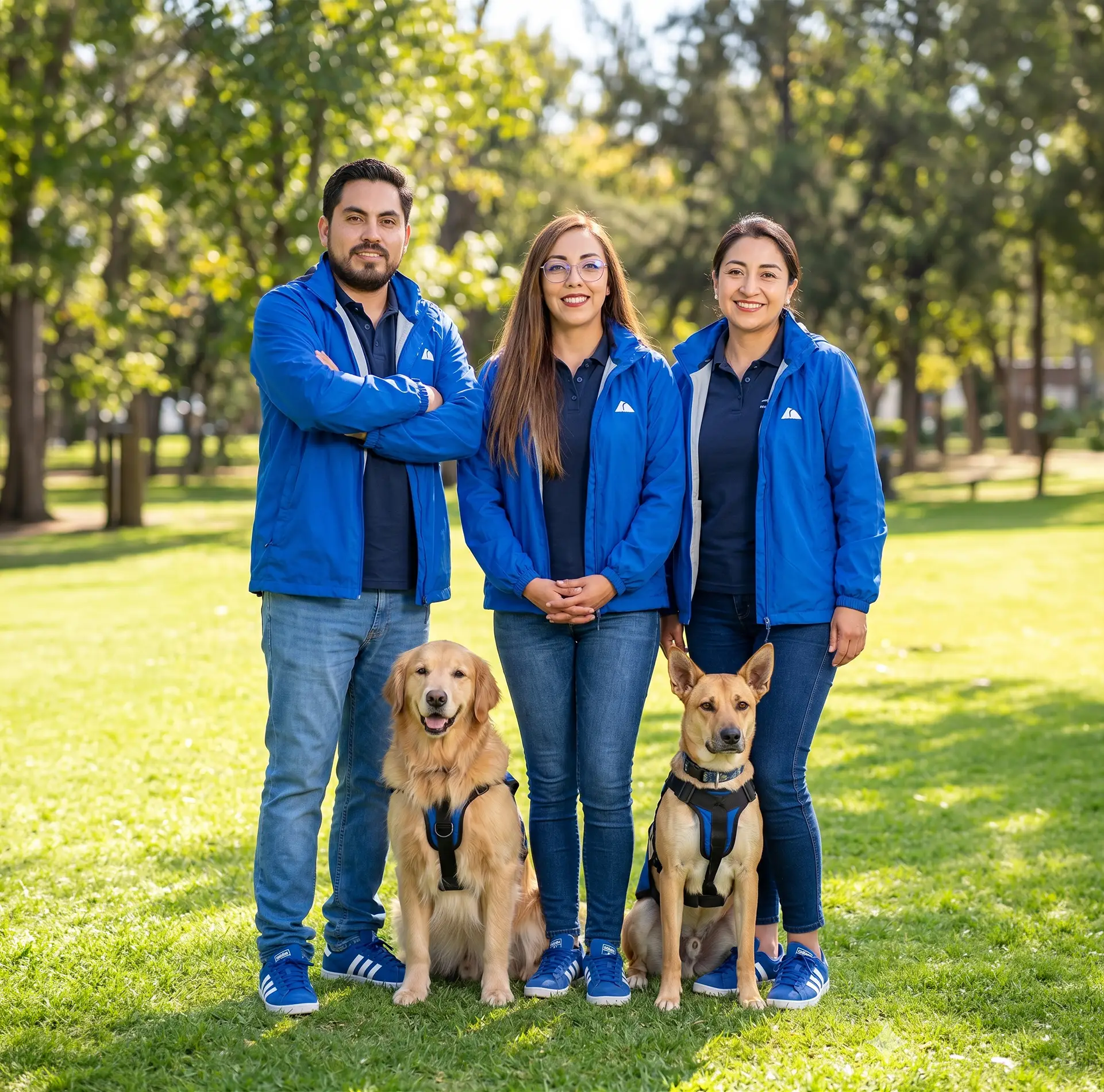 tres personas posando en el parque junto a sus perros