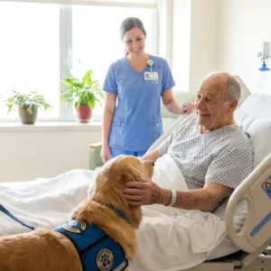 Adulto mayor en hospital con un perro de visita