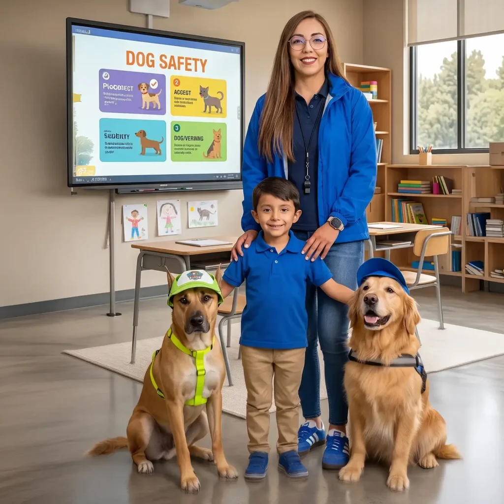 Mujer con niño y dos perros dentro de un salón de clases
