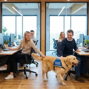 Personas trabajando en una oficina von un perro de visita